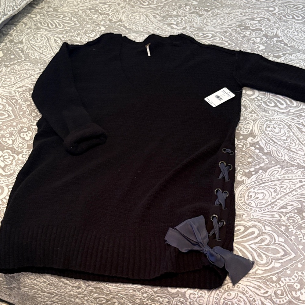 Free People Black V-Neck Sweater with Bow Accents